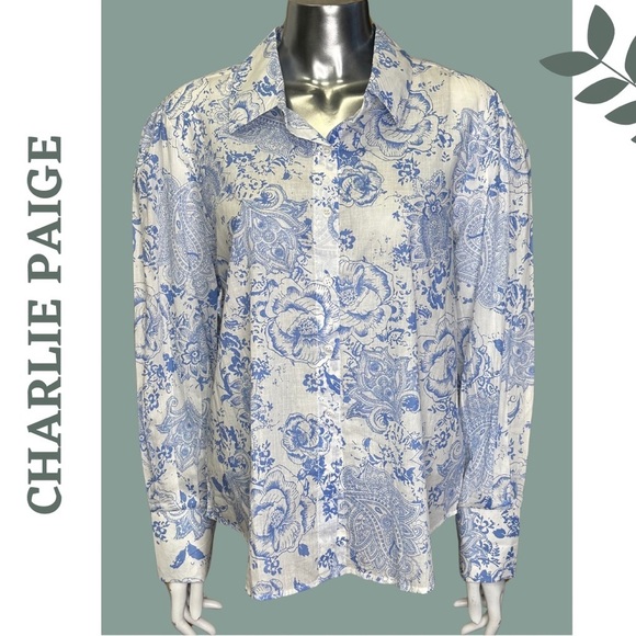 Charlie B Floral Print Long Sleeve Button Front Collared Blouse White Blue Boho - Picture 2 of 5